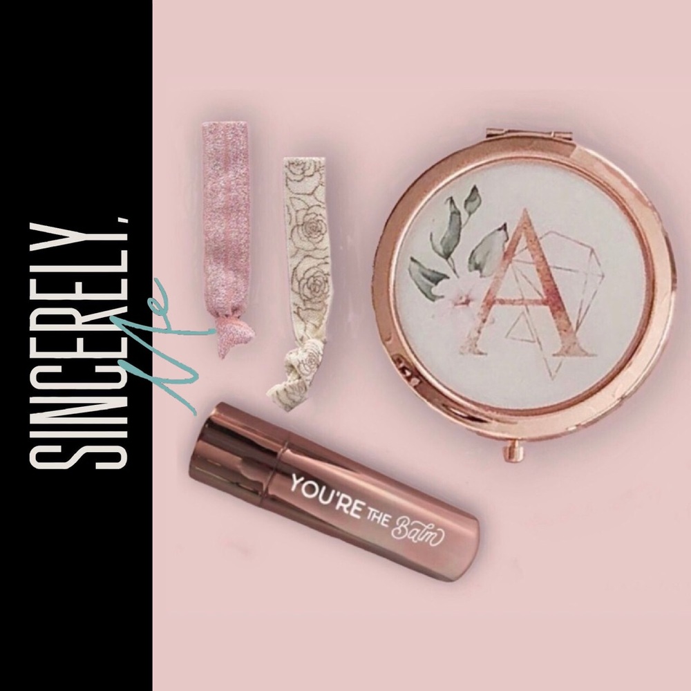 “A” Compact, Mirror, Lip Balm, & Metallic Floral Filigree Hair Ties Gift Set